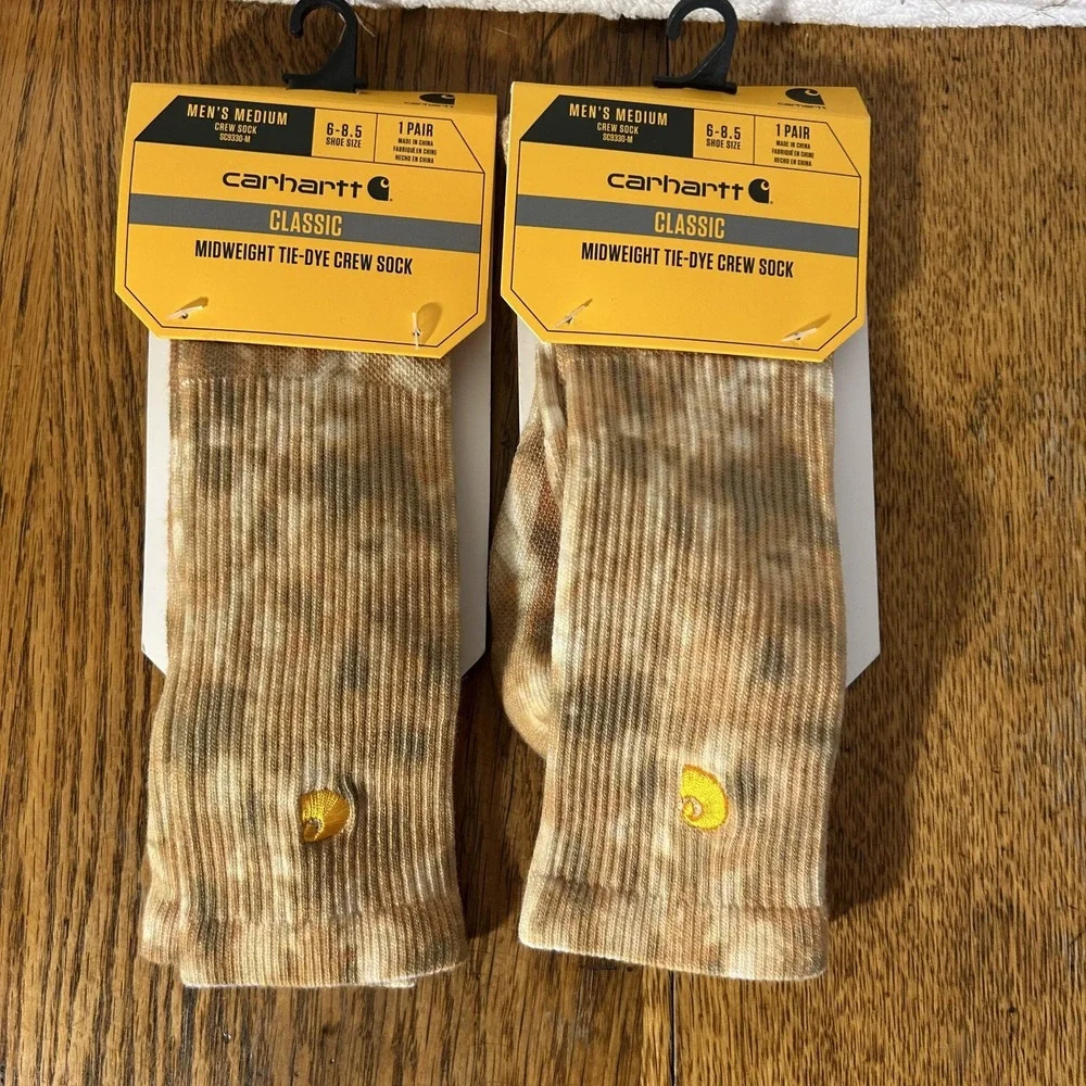 Carhartt Mens Size M (6-8.5) Beige Classic Midweight Tie Dye Crew Socks 2 Pack